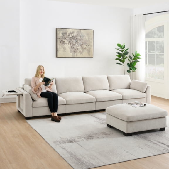 130" Chenille Fluffy Modular Sectional Loveseat Sofa, Modern Mid-century Sofa with Dual-Port Charging, Deep Seat Cloud Couch with Folding Table for Living Spaces​, Beige