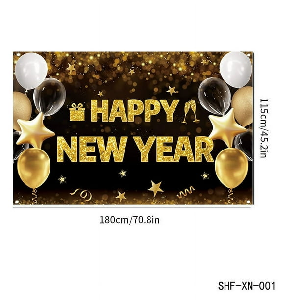 Fondo de feliz año nuevo Globos dorados negros Banner Fondo de fotografía de fiesta Lentejuelas brillantes Bokeh Navidad Año Nuevo