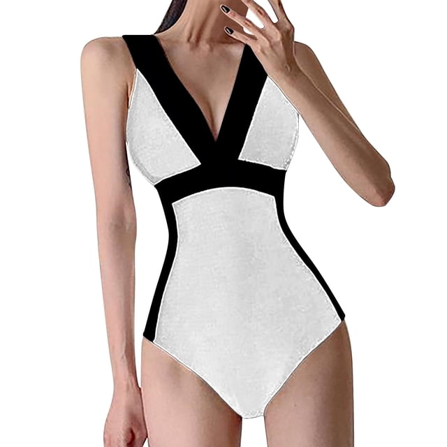B91xZ Womens One Piece Swimsuits Color Block Print Athletic Training Swimwear Bathing Suits,White XL