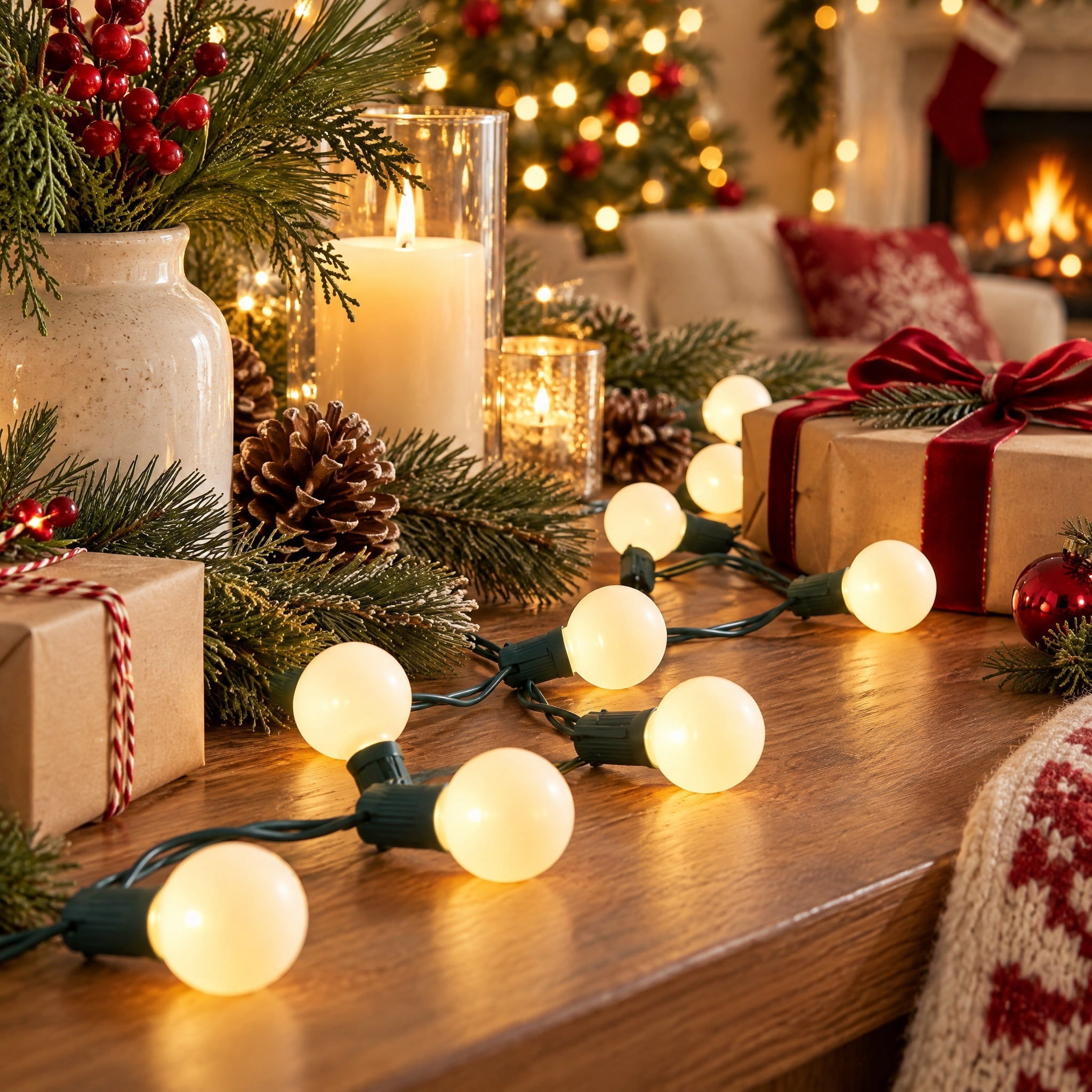 Indoor/Outdoor 90-Count LED G15 Globe Christmas Garland Lights, Frosted Warm White, Green Wire, 9', by Holiday Time