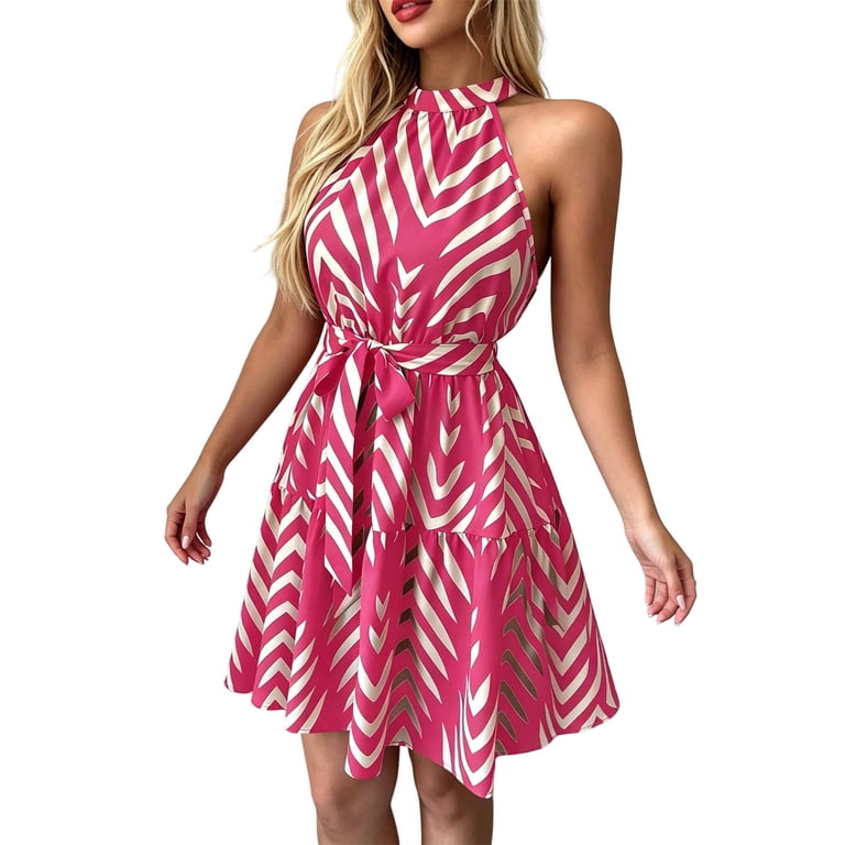 Hot Pink Women Sleeveless Waves Dresses Homecoming Dress for Women Collared Neck Backless Halter Strap Formal Date Night Gowns Evening Dressy Brunch Striped 2026 M