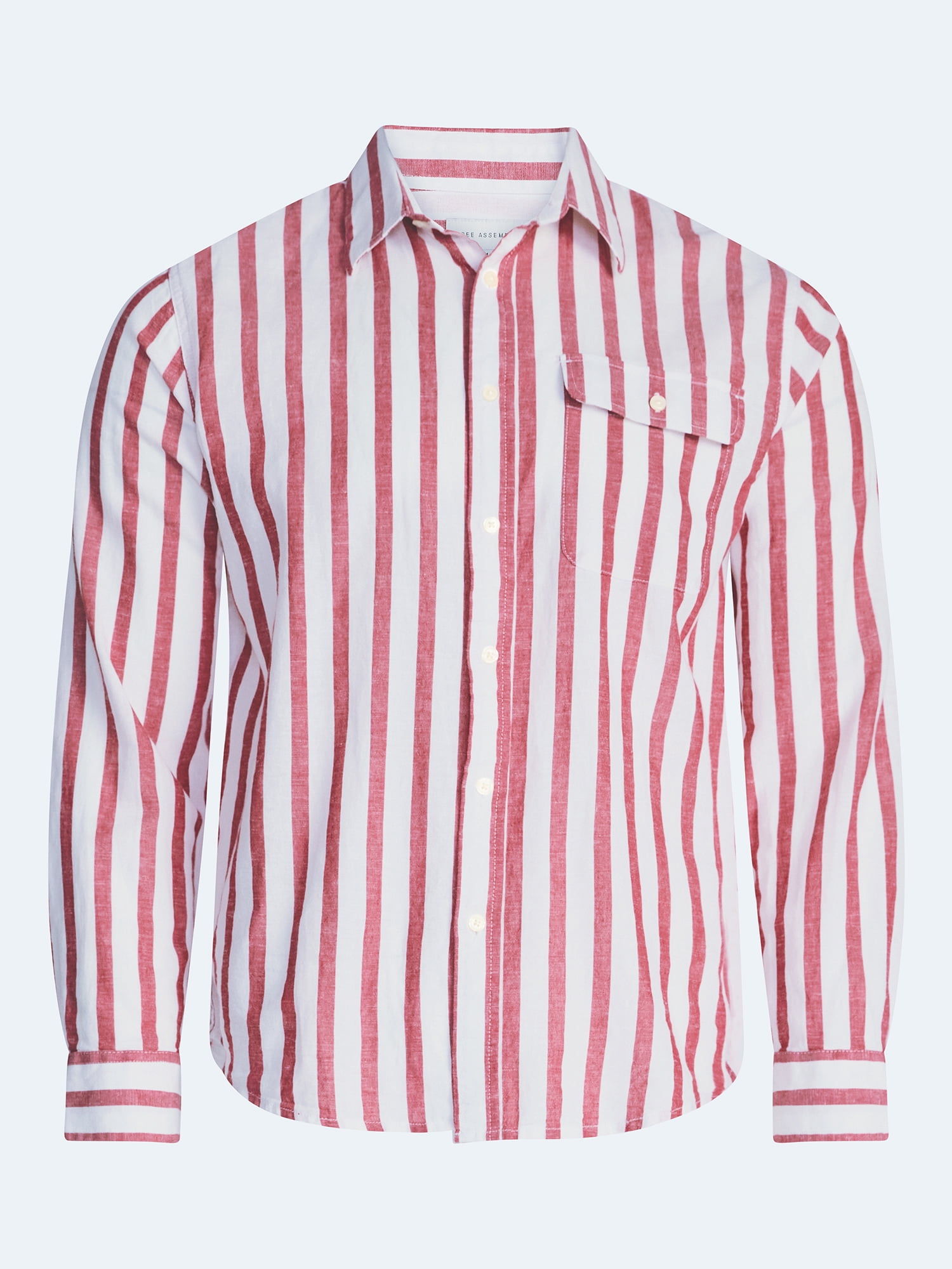 Free Assembly Men's Striped Linen Blend Button Front Shirt with Long Sleeves, Sizes XS-3XL
