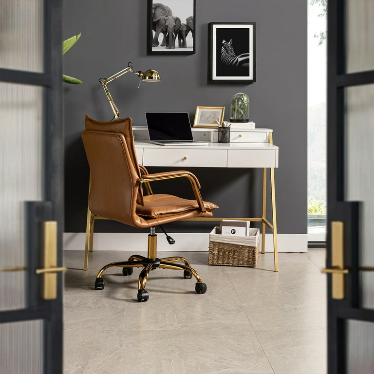 Home Office Desk Chair Faux Leather Adjustable Swivel Computer Chair with Golden Legs and Arms Comfy Upholstered Task Chair Camel
