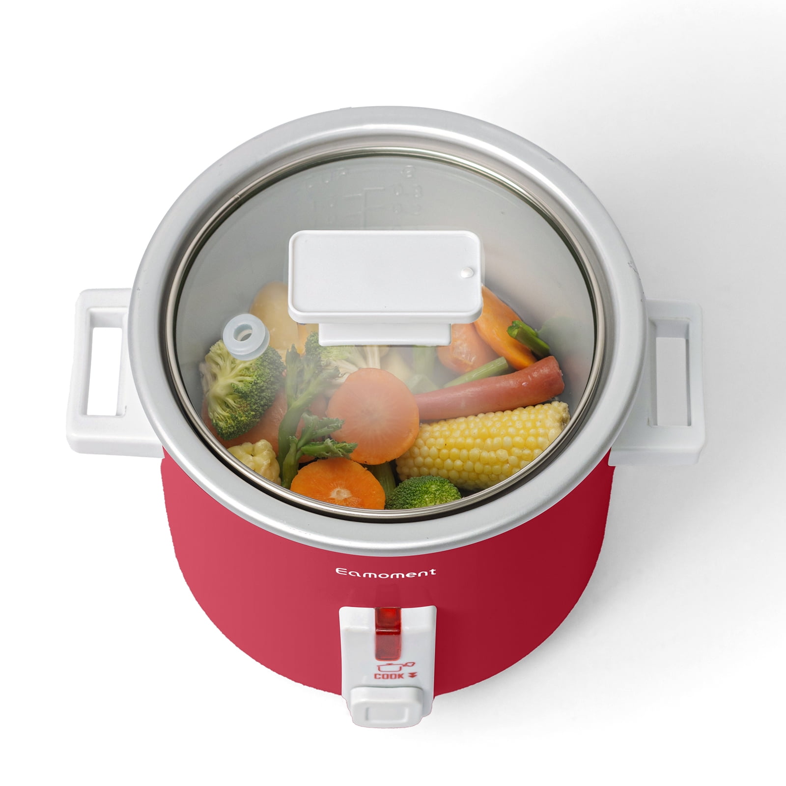 Small Rice Cooker, 1.5 Quart Mini Non-Stick Coated Insert Food Steamer and Dishwasher-Safe Glass Lid and Pot, Red