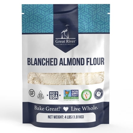 Great River Milling Blanched Almond Flour  Finely Ground Gluten Free Baking Alternative  Made from Whole Blanched Almonds  Non-GMO, Glyphosate Free, Kosher, Vegan Certified  4 Lb
