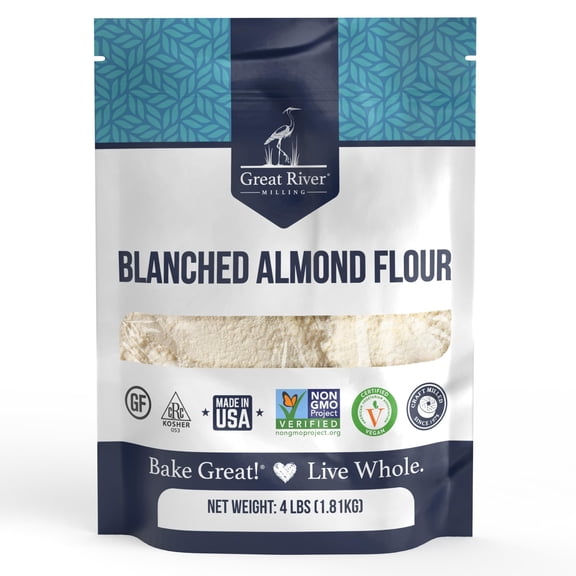 Great River Milling Blanched Almond Flour  Finely Ground Gluten Free Baking Alternative  Made from Whole Blanched Almonds  Non-GMO, Glyphosate Free, Kosher, Vegan Certified  4 Lb