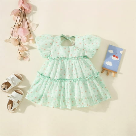 

PEASKJP Backless Dress Toddler Girls Short Sleeve Round Neckline A-Line Flowy Swing Printed Dress Green 18-24 Months