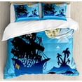 thumbnail image 1 of Vintage Boat Queen Size Duvet Cover Set, Pirate Ship Moonlight Skull Flag Scary Island Dead Bones, Decorative 3 Piece Bedding Set with 2 Pillow Shams, Azure Blue Indigo Pale Yellow, by Ambesonne, 1 of 3