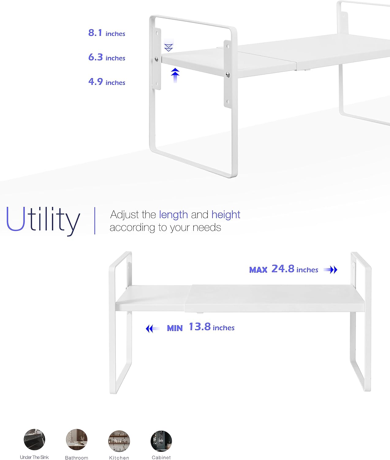 Cabinet Shelf Expandable Height Adjustable Organizer Riser for Kitchen Cabinet Pantry Cupboard Under Sink Countertop Organization Storage Space Saver Stackable Heavy Duty Metal Black XL