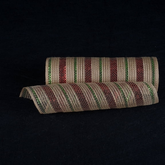 Natural Burlap Deco Mesh With Red Green Metallic Stripes - 10 Inch x 10 Yards