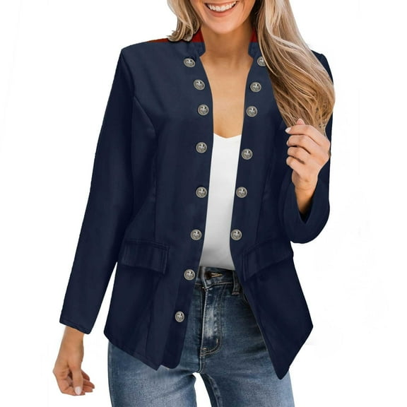 Siilsaa Blazers for Women Womens Notched Lapel Pockets Button Work Office Blazer Jacket Suit Navy,S