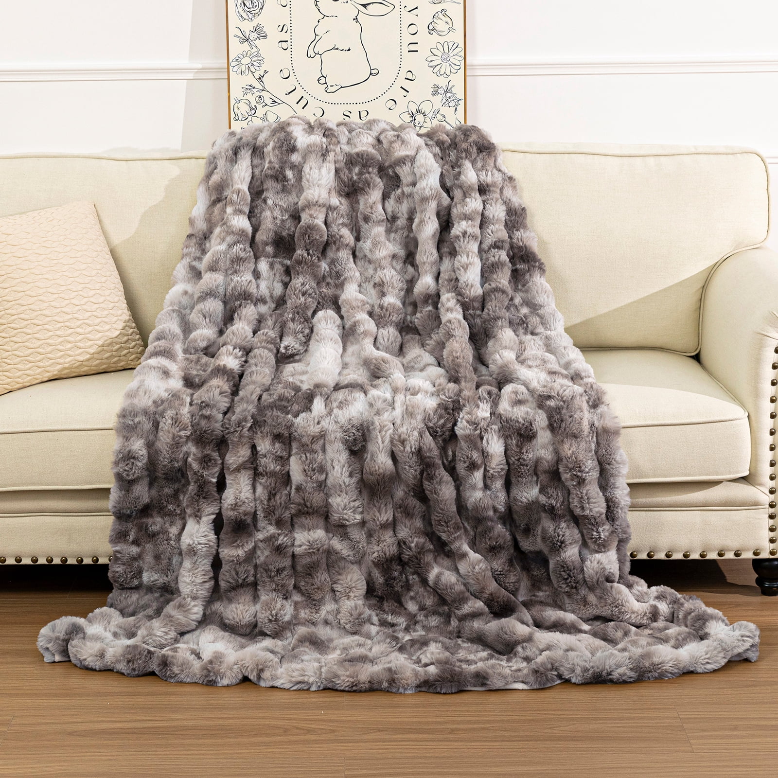 MJIAexp Faux Fur Throw Blanket for Couch, Cozy Soft Plush Thick Fuzzy Comfy Bubble Blanket and Fuzzy Plush Rabbit Fur Blanket for Sofa Bedroom Living Room, 90" x 90"-Tie-dye Gray