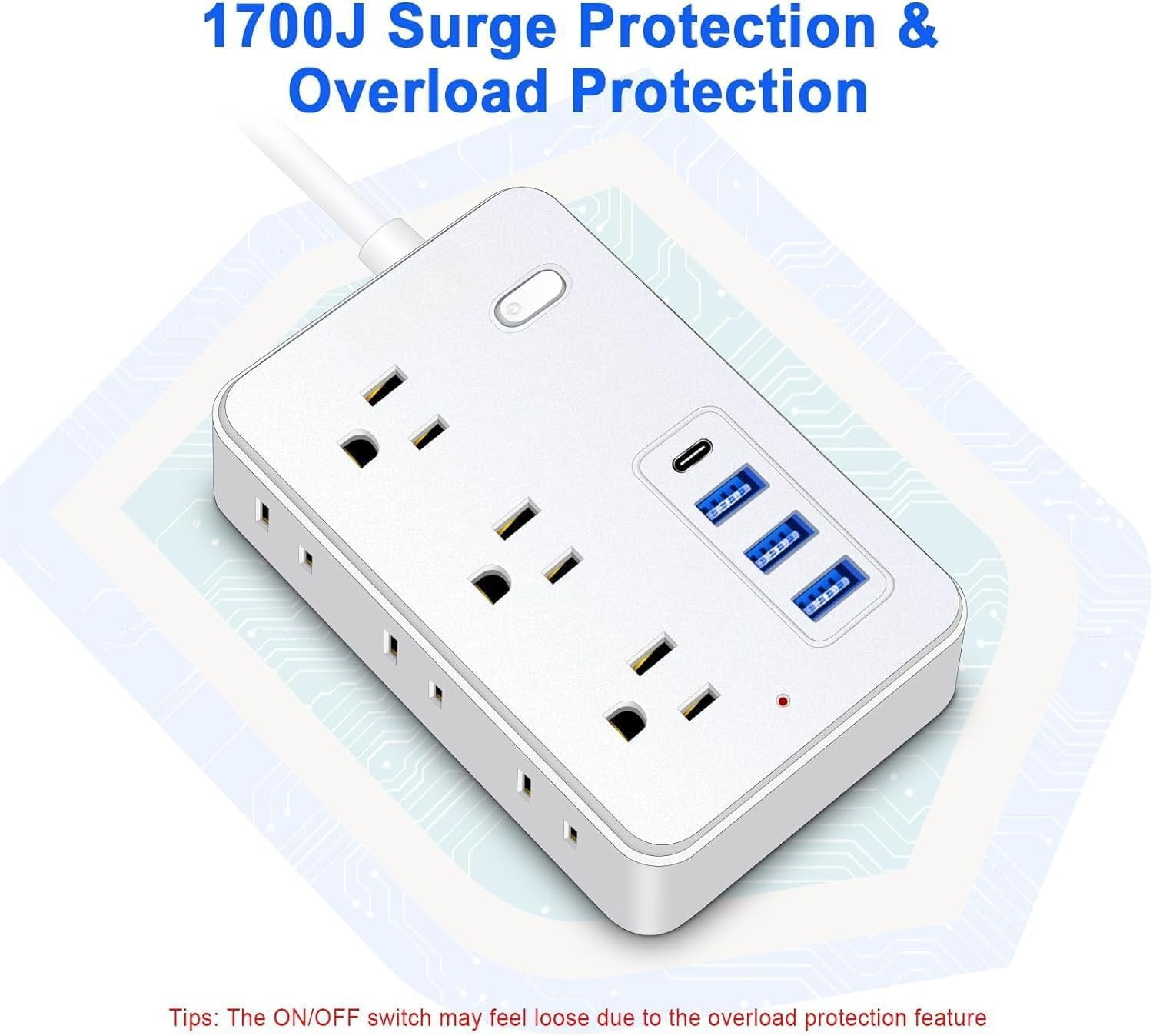 15 FT Extension Cord with Multiple Outlets,  15 ft Surge Protector Power Strip with 6 Outlets with 4  Ports(1  C),Flat Plug with Long Cord 1700 Joules Protection for  Office White