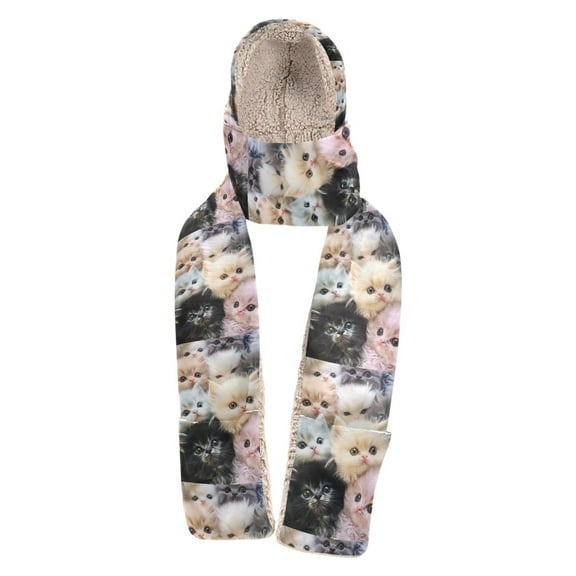 BZSMCE Warm Fleece Hood Scarf Wrap Kittens’ Whimsical Wonderland Pattern
