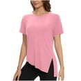 thumbnail image 2 of Women's Short Sleeve Workout Shirts Crewneck Yoga Running Tops Side Split High Low Hem Gym Tees Sportswear (S, Pink), 2 of 7