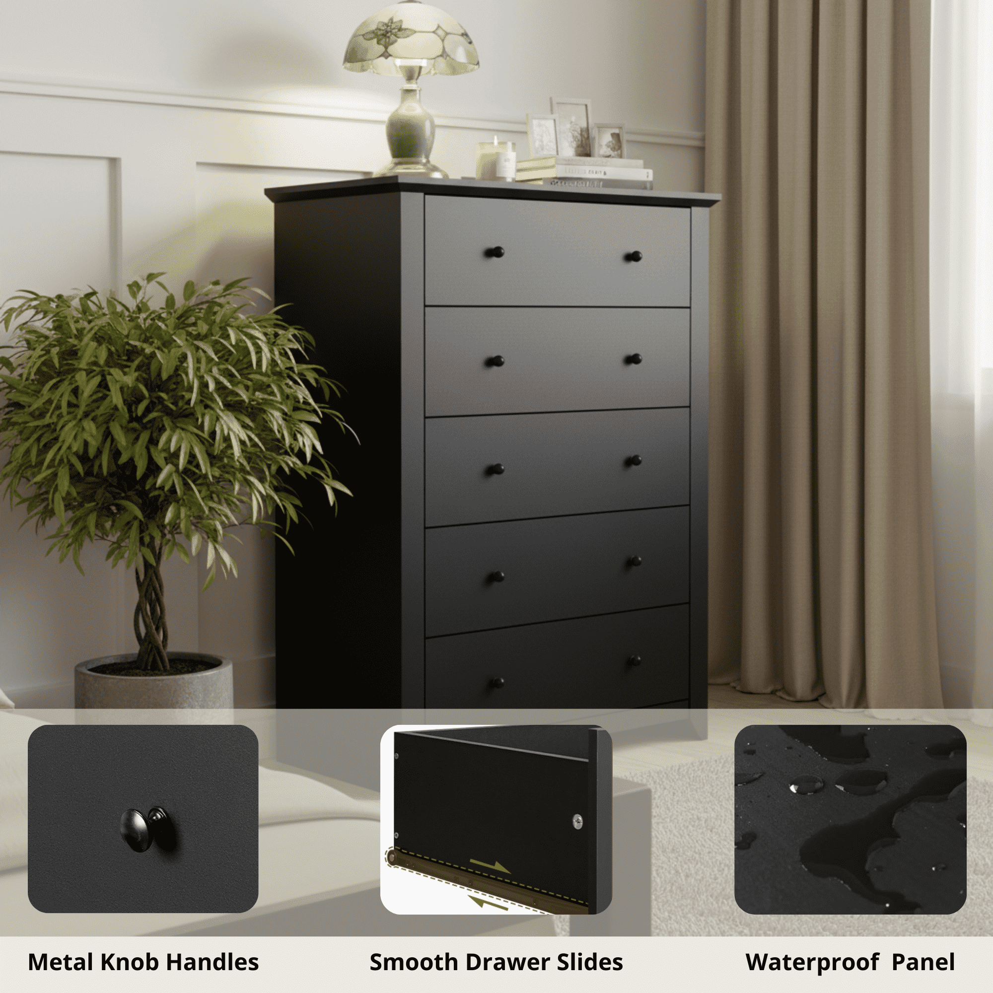 TrumanPick Black Dresser for Bedroom with 5 Drawers 47" Tall Chest of Drawers Wooden Dressers for Closet Living Room