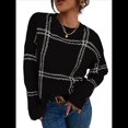 thumbnail image 1 of Suéter de Punto A Cuadros para Mujer, Otoño e Invierno, Informal, Cuello Redondo, Tops con Bloques de Color. Negro S, 1 of 9