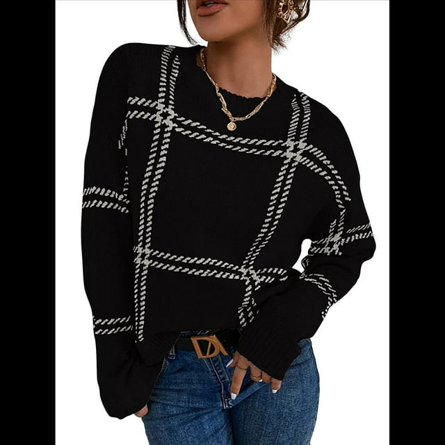 Suéter de Punto A Cuadros para Mujer, Otoño e Invierno, Informal, Cuello Redondo, Tops con Bloques de Color. Negro S