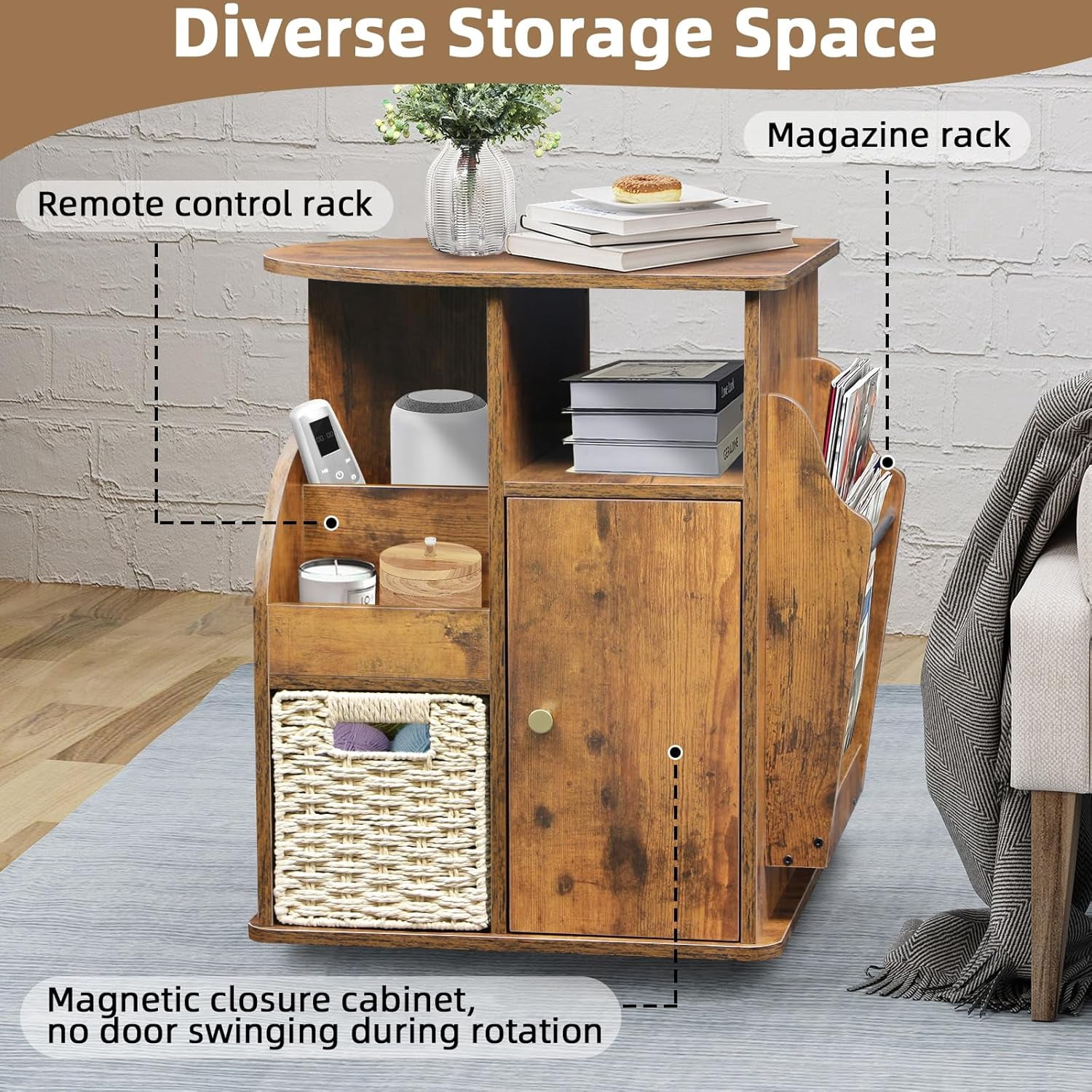 TooCust Rotating End Table with Storage, Rotating Side Table Living Room, Side Table with Magazine Holder, Basket and Cabinet, Sofa Side Farmhouse End Tables with Open Shelf (Rustic Brown)