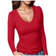thumbnail image 2 of T-Shirt Femme Ladies Ribbed V Neck Slim Fitted Basic Solid Long Sleeve Layering Tee Tops Shirts Women Red XL, 2 of 4