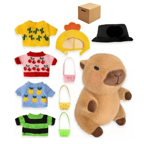 Peluche Capibara Con 9pz Ropa Y Accesorios Belug, Colores