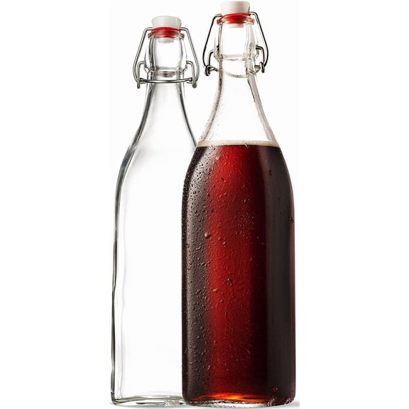 Clear SQUARE Swing Top Glass Bottles With Lids - 33.75 Oz Airtight Flip Water Great For Oil And Vinegar, Beverages, Juices, Smoothies (2 Pack) (Not Carbonated Beverages)