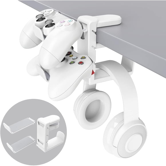 3-in-1 PC Gaming Headset&Controller Holder - EURPMASK Headphone Stand w/Adjustable Clamp&2 Controller Holder&Rotating Arm&Cable Organizer, Universal PC Gaming Accessory Controller Headset Stand-White