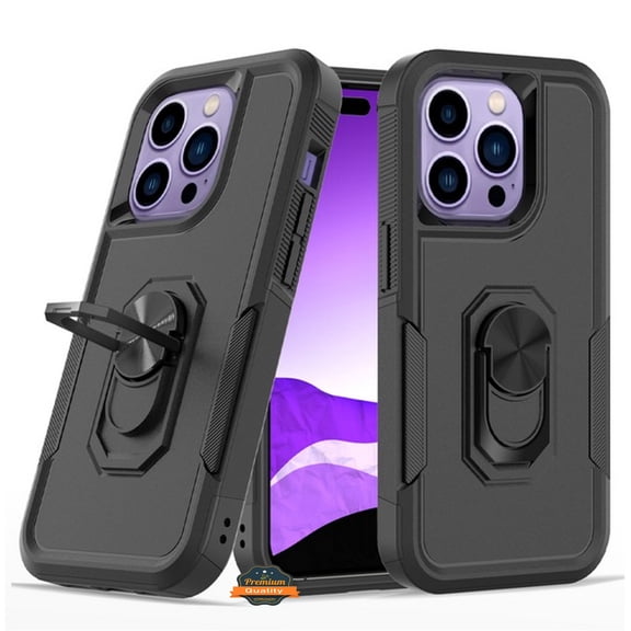 For Apple iPhone 15 (6.1") Heavy Duty Hybrid Rugged 2in1 Shockproof Protective with Magnetic Ring Stand Holder Phone Case Cover by Xpression - Black