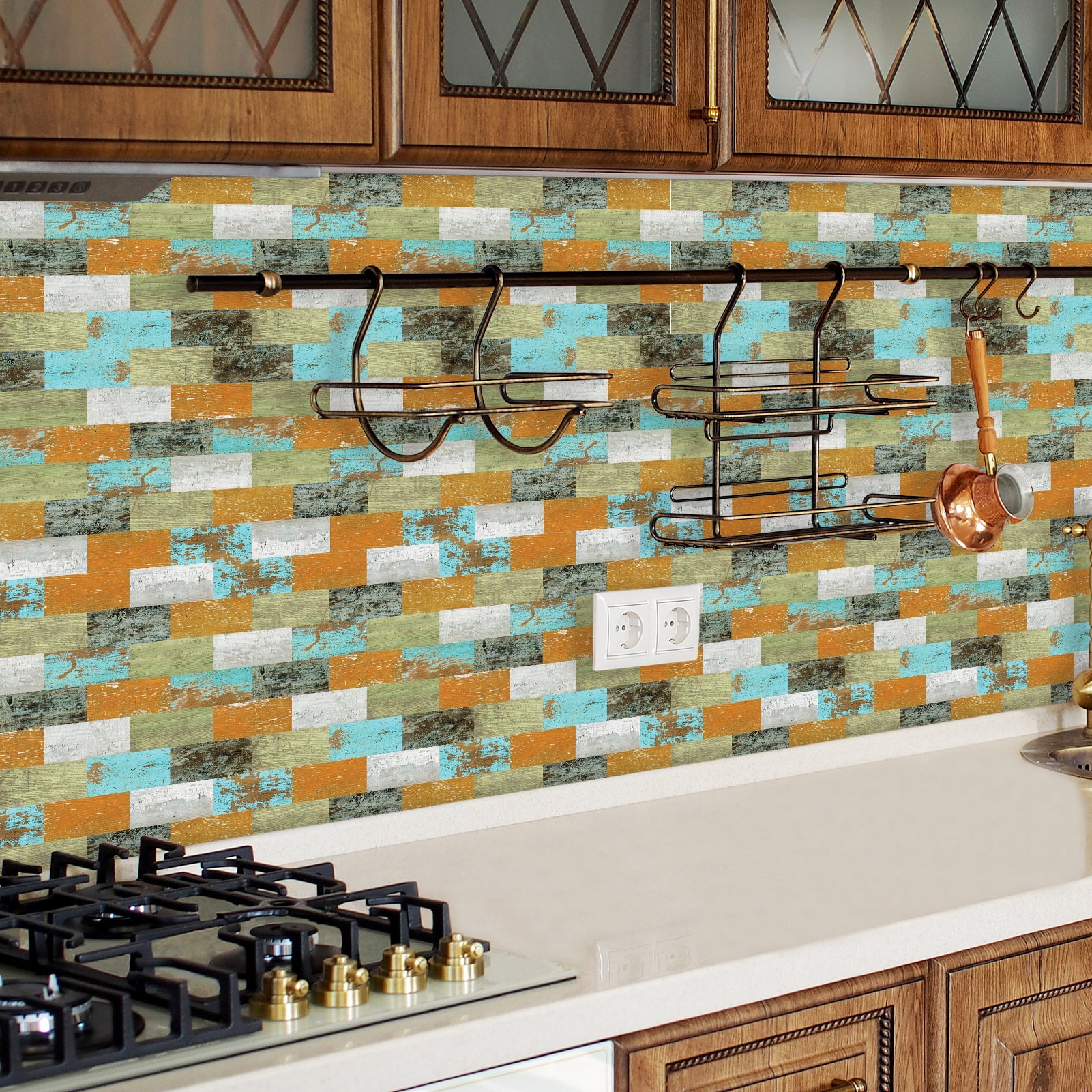 DEWOO 10-Sheet Peel and Stick Backsplash Wall Tile Self Adhesive, Stickon Tile for Kitchen Backplash, Bathroom Vanities, Fireplace Decor, Laundry Table, Stair Decals in Multicolor Woodgrain