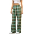 thumbnail image 3 of Women's Plaid Straight Leg High Waist Casual Pants, Polyester Pocket Loose Long Trousers, Fashion Summer Bottoms for Daily Shopping Home | TruHer,Green Free Size, 3 of 7