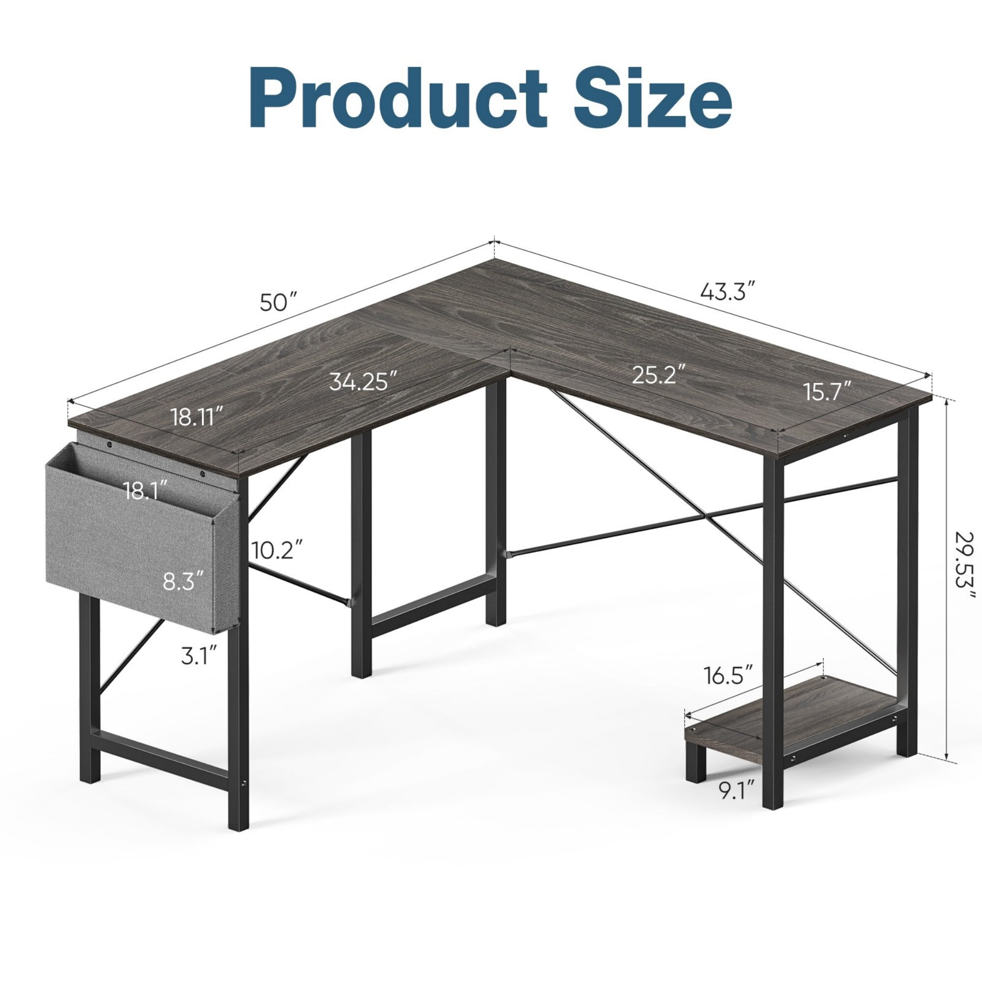AENKYO 50" Reversible L-Shaped Computer Desk with Storage Bag & CPU Stand, Corner Desk for Home Office or Gaming, Dark Gray