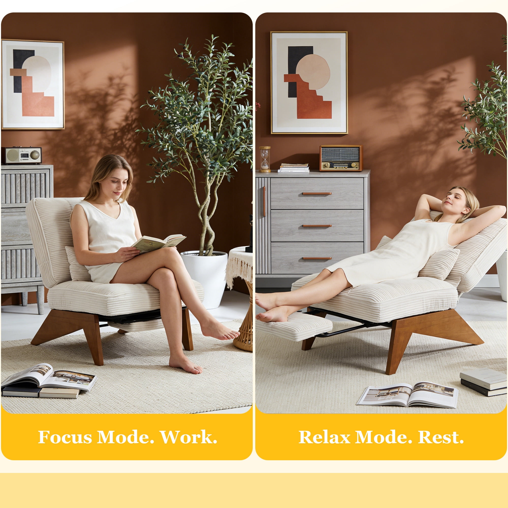 MOONMISS Modern Adjustable Lounge Chair with Footrest,Wooden Base Upholstered Recliner for Reading Rest Corduroy