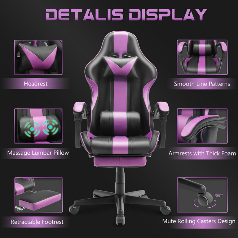 Soontrans Gaming Chair with Footrest, Ergonomic Lumbar Massage Pillow  Chair, PU Leather Office Chair, Purple
