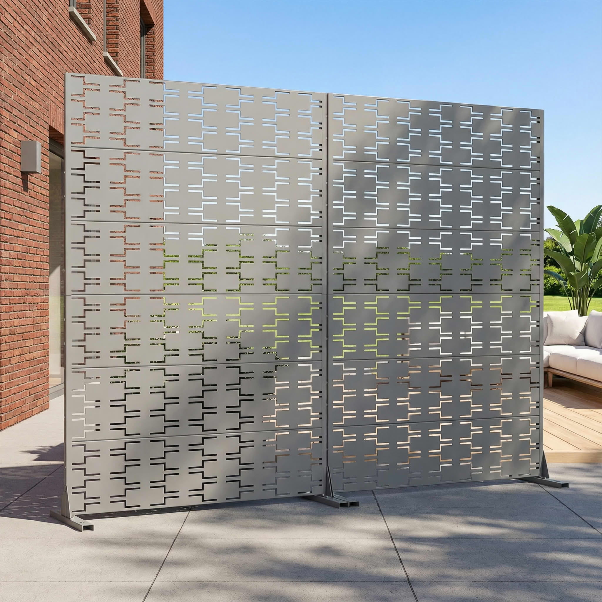 MAYEERTY 2-Piece Outdoor Metal Privacy Screen 6ft × 4ft Gray, 6-Panel Brick Pattern Decorative Screen for Garden