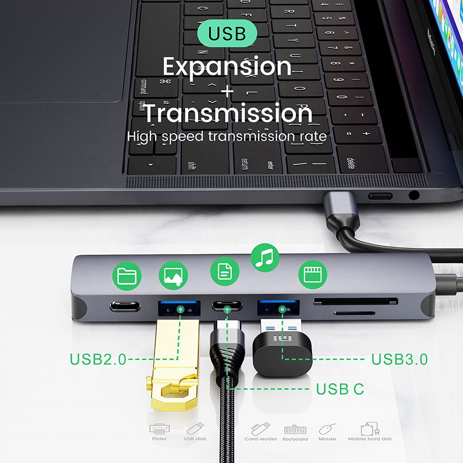 DOONJIEY  7 in 1 USB C Hub with SD TF Card PD Charging USB 3.0 Hub for MacBook Pro USB Type C Hub Docking Station