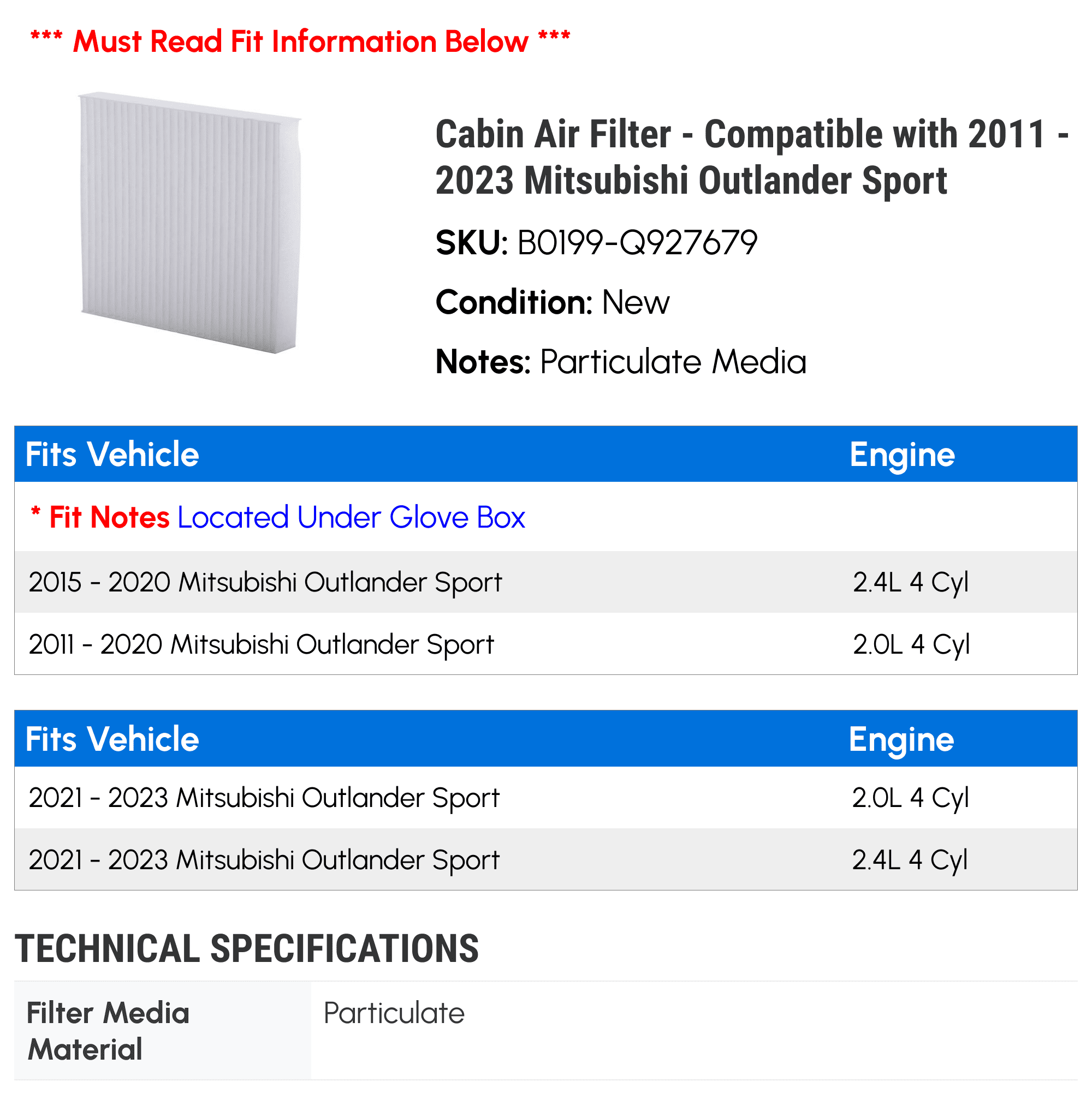 Cabin Air Filter - Compatible with 2011 - 2023 Mitsubishi Outlander Sport 2012 2013 2014 2015 2016 2017 2018 2019 2020 2021 2022
