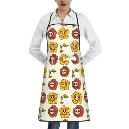 

Gaeub Sunflowers And Skull Kitchen Cooking Aprons Adjustable Bib Apron Waterdrop and Oil Resistant Kitchen Chef Apron for Women Men