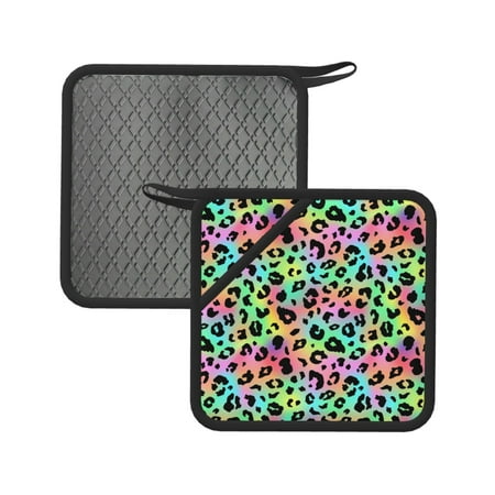 

2PCS Pot Holders for Kitchen - Heat Resistant Silicone Pot Holders with Hanging Loop Trendy rainbow Leopard cool Non Slip Oven Hot Pads Potholders for Decor Baking Cooking Kitchen