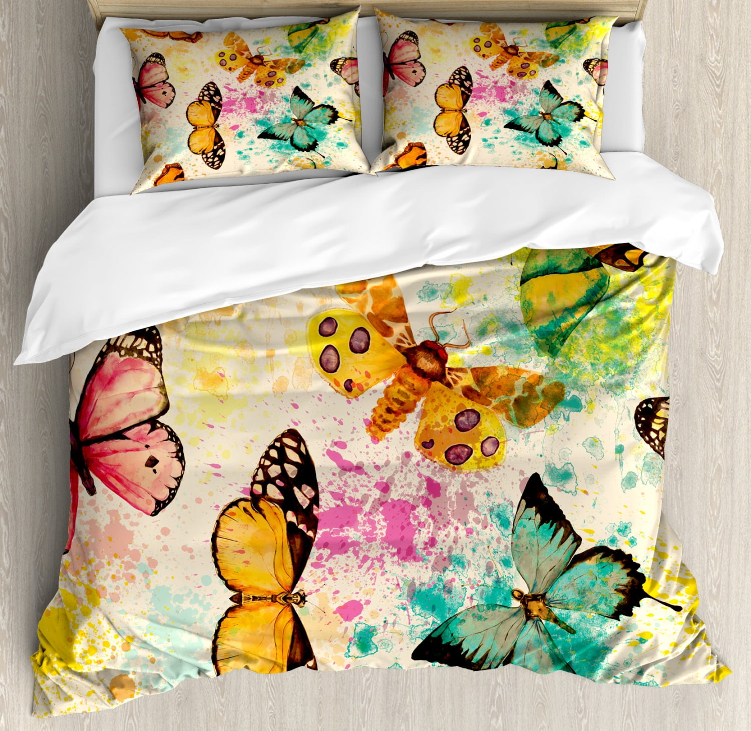 Butterfly Duvet Cover Set, Watercolor Murky Grungy Butterflies with