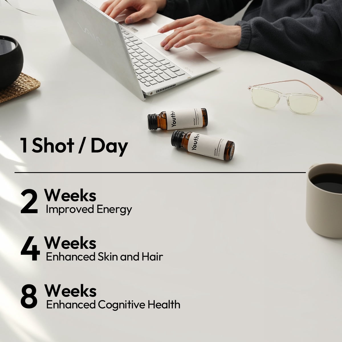 BIGVITA Youth+ |  Ready-to-Drink Supplement with Yüth, NAD+ & L-Ergothioneine | Supports Anti-Aging, Energy, Skin, Hair & Cognitive Health