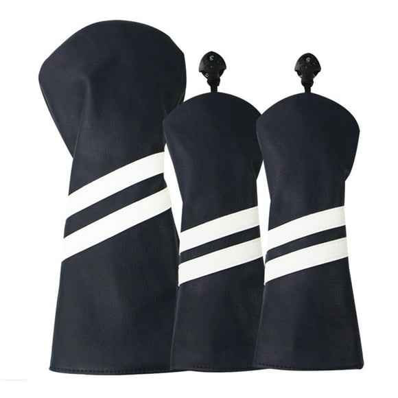 facefd Ensemble de 3 Pcs Couvre-Tête de Club de Golf en Cuir Résistant à l'Usure à Double Rayure avec Étiquette Plaque d'Immatriculation Rotative Réglable Protecteur en Bois Bleu Foncé