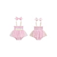 thumbnail image 3 of Aojekbee Baby Girl Summer Outfit, Plaid Daisy Embroidery Sleeveless Shirred Mesh Romper Dress Bow Headband Toddler Set, 3 of 10