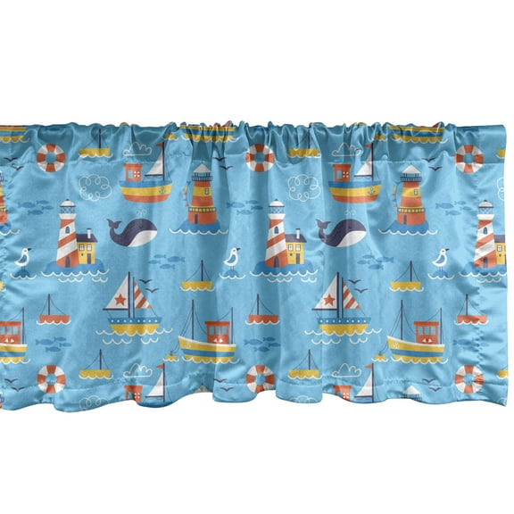 Sea Life Window Valance Pack of 2, Boats and Lighthouse Whale Seagulls, Rod Pocket Curtain Valances for Kitchen Bedroom, 54" X 12", Sky Blue Multicolor, by Ambesonne