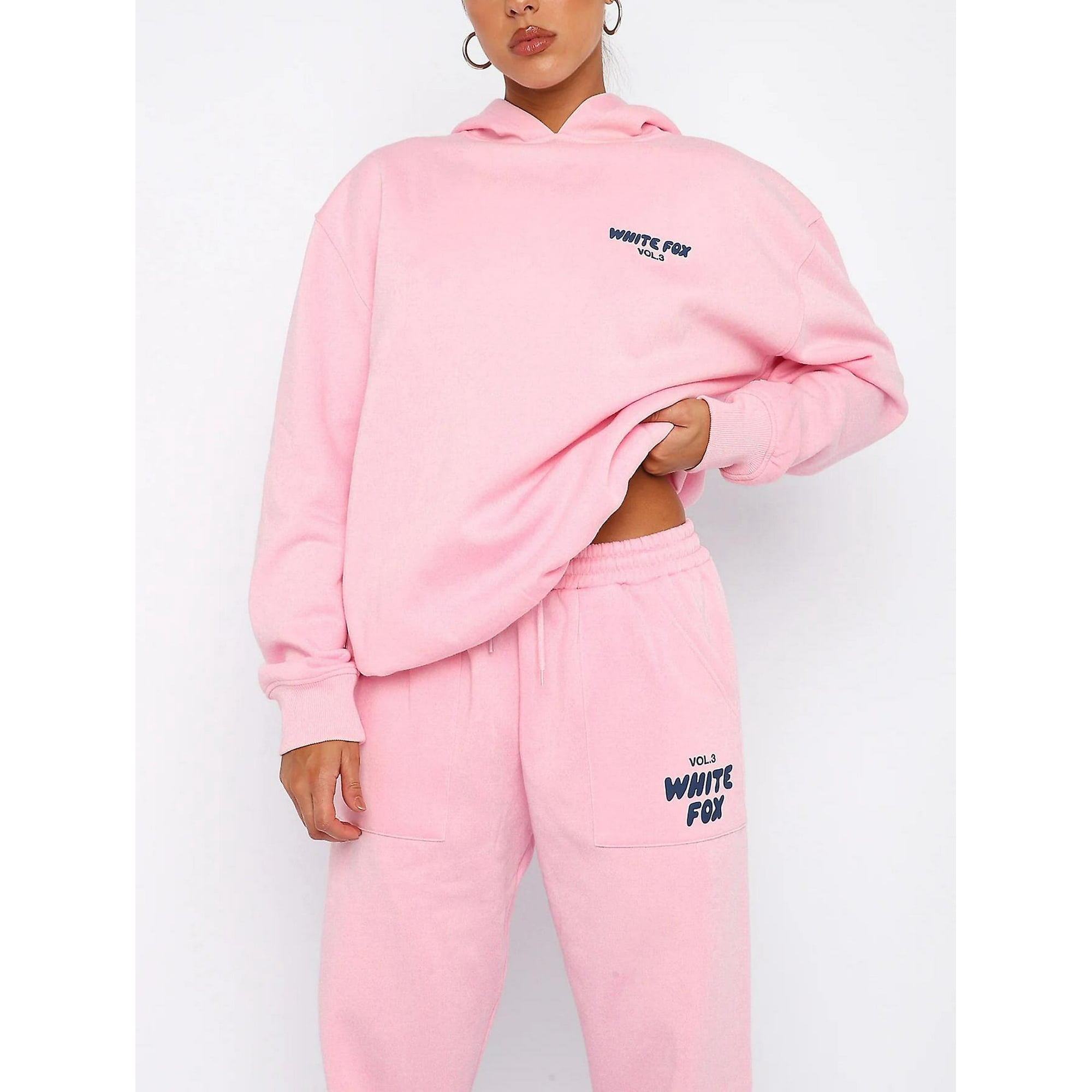 Mayding Hoodie White Fox Outerwear Two Pieces Of Hoodie Suits Long Sleeved Hooded Outfit Set Pink S