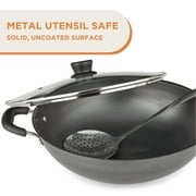 Supor Carbon Steel Wok with Glass Lid, 13.5 in, Traditional Deep-Bowl Iron Wok, Metal Utensil Safe