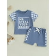 thumbnail image 4 of Baby Toddler Kids Boys Summer Shorts Sets 12 18 24 Months 2T 3T 4T 5T Short Sleeve O Neck Letter Checkerboard Print Tops and Shorts Outfits, 4 of 9