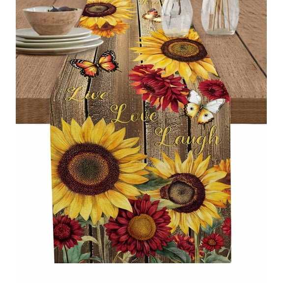Sunflower Brown Wooden Table Runner Cotton Linen 108 Inch Holiday Dresser Scarves, Vintage Flowers Butterfly Tablerunner for Kitchen Coffee Dining Bedroom Living Room Dinner Scarf Décor 13''x108''