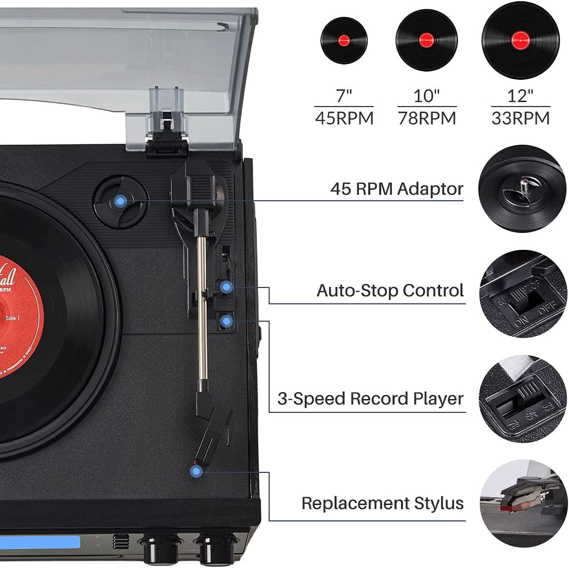 ORCC 10-in-1 Bluetooth Record Player Turntable for Vinyl Records CD Cassette USB/SD Convert