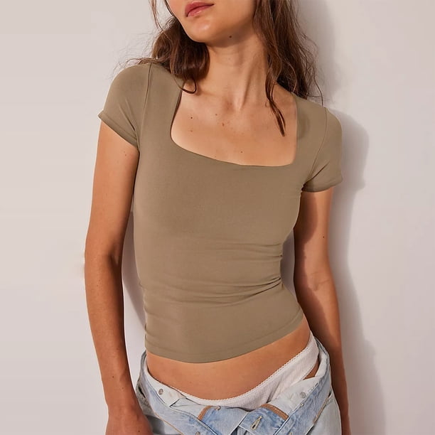 Camiseta básica de color liso para mujer camiseta ajustada sin costuras camiseta corta atuendo diario