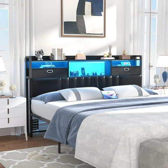 Homieasy Queen Headboard with Drawer Storage and RGB LED Light, Queen Size Upholstered Headboard with Charging Station and Bookcase, for Bedroom/Dorm Room/Guest Room, Black
